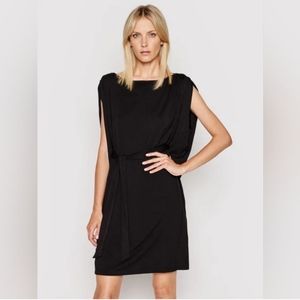 DKNY Black Mini Dress Boat Neckline Belted Capped Shoulders Reg Fit Size Medium